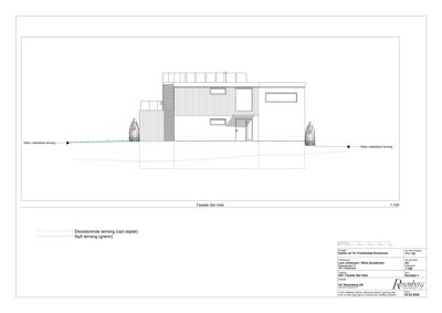 Fasadetegning som viser bygningens utseende sett fra sør-til-vest, inkludert terrengforhold og detaljer.