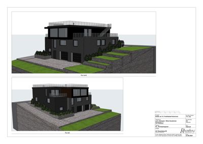 3D-visualisering av en bolig sett fra nord og øst, inkludert terrengform og beplantning.