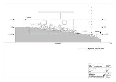 Snittegning som viser terrengform, nivåer og bygningens plassering i forhold til terrenget.