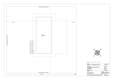 Etasjeplan for 3. etasje (Tak) som viser romfordeling, fasader og snittlinjer.
