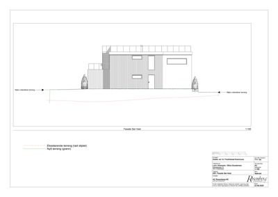 Fasadetegning som viser bygningens utseende sett fra sør til vest, inkludert terrengforhold og eksisterende/nytt terreng.