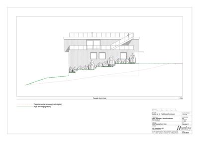 Fasadetegning (opprikk) av bygning sett fra nord-vest, som viser fasadens utforming, vinduer, tak og terrengforhold.