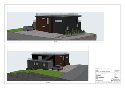 3D-visualisering (rendering) av et hus sett fra to ulike vinkler (fra syd og fra vest).