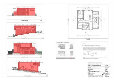 Bildet viser en tegning med fire utsnitt av bygningens fasader (Sør-Vest, Nord-Vest, Nord-Øst og Sør-Øst) samt et situasjonsplan for 1. etasje.