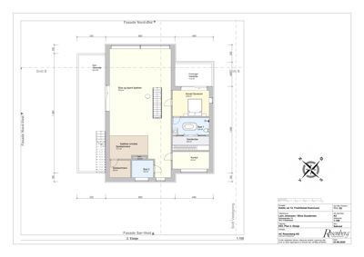 Etasjeplan for 2. etasje i en bolig, som viser romfordeling, dimensjoner og fasader.