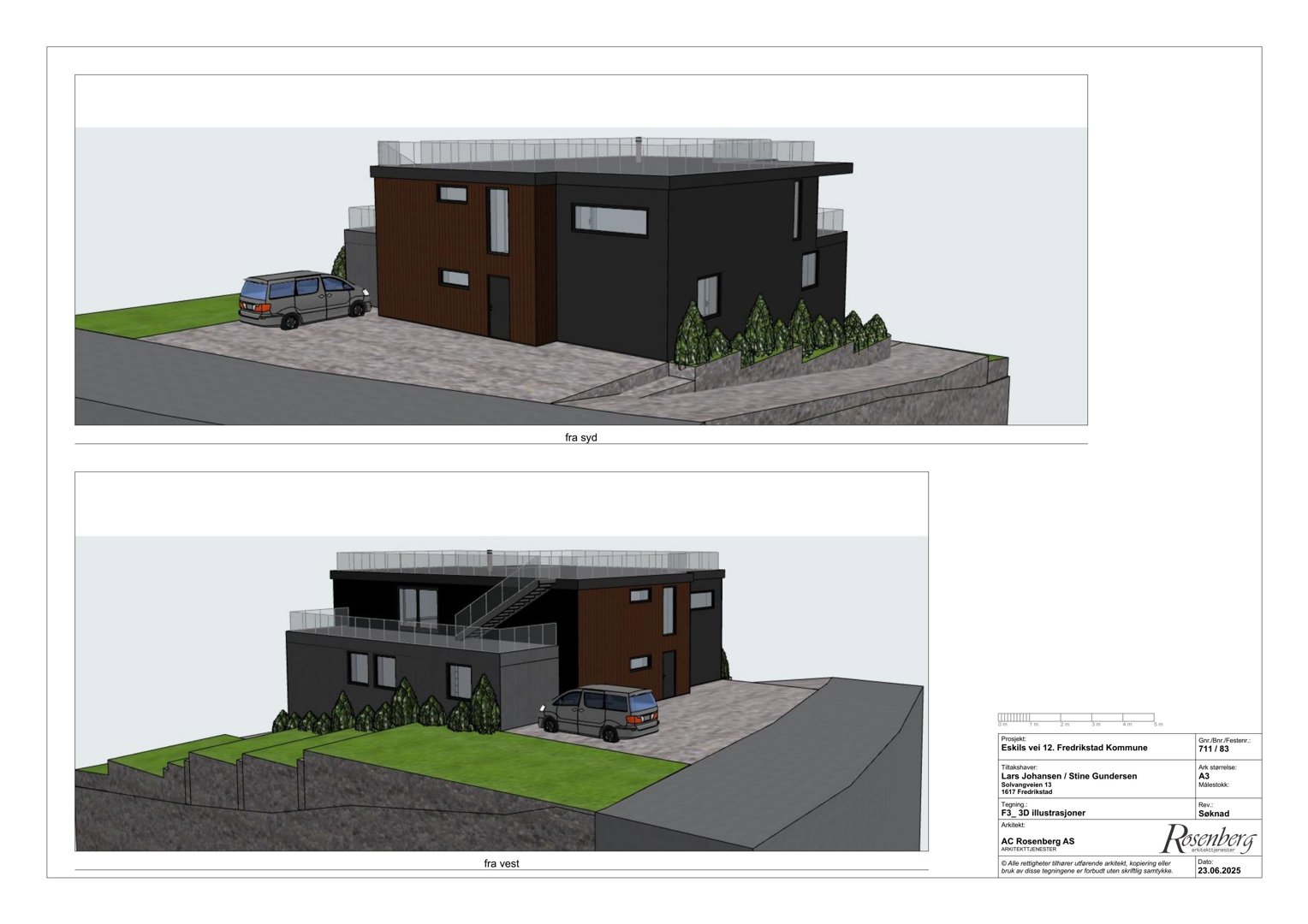 3D-visualisering (rendering) av et hus sett fra to ulike vinkler (fra syd og fra vest).