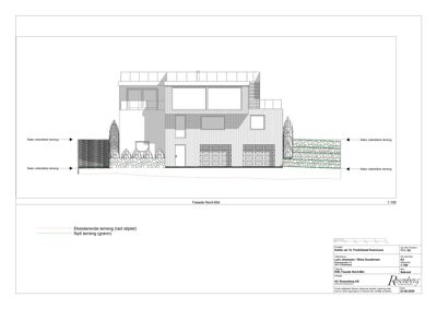 Fasadetegning (opprikk) av en bygning sett fra nord, med angivelse av terrengforhold og nabotomter.