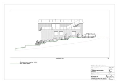 Fasadetegning (opprikk) av bygningen sett fra nord-vest, som viser fasadens utforming, terrengforhold og vindusoppsett.