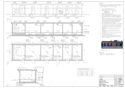 Snittegning som viser tverrsnitt gjennom bygningen med detaljer om konstruksjon, materialer og dimensjoner.