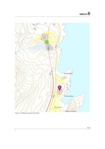 Situasjonskart som viser topografi (høydeforhold), vannmasser, veier og plassering av bygninger eller utbyggingsområder i et landskap.