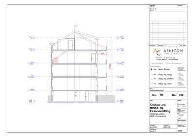 Snittegning (Snitt 2) som viser bygningens tverrsnitt, høyder, etasjer og konstruksjon.