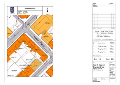 Situasjonskart som viser eiendomsnummer, gnr/bnr, naboeiendommer og bygningers plassering i forhold til veier (Holbergs gate).