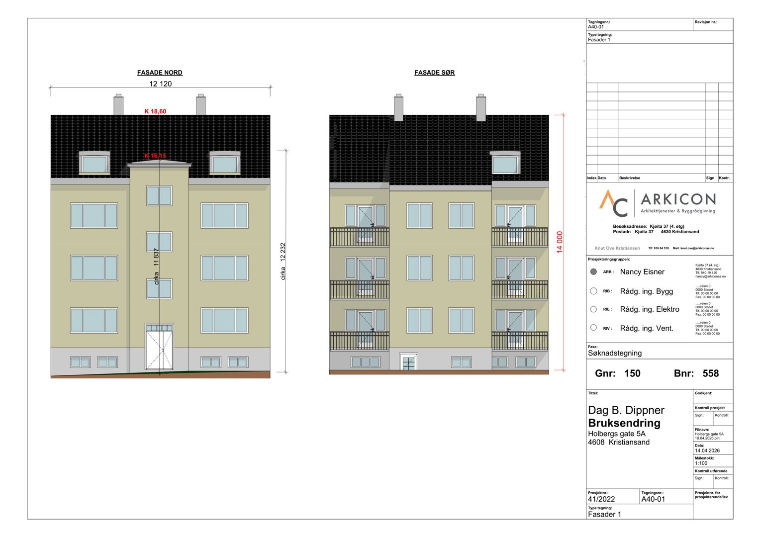 Fasadetegning som viser bygningens utseende sett fra nord og sør, med mål og detaljer.