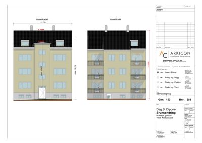 Fasadetegning som viser bygningens utseende sett fra nord og sør, med mål og detaljer.