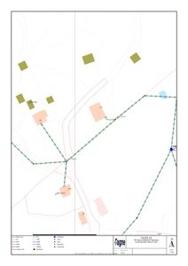 Situasjonsplan som viser tomtens grenser, nabolag (grønne felter), eksisterende veier (røde linjer) og planlagte infrastruktur (grønn rute med punkter).