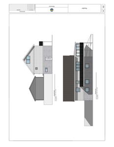 Fasadetegning som viser bygningens utside med vinduer, takform og fasadematerialer.