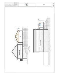 Fasadetegning som viser oppriss av bygningens yttervegger, takform og materialer.