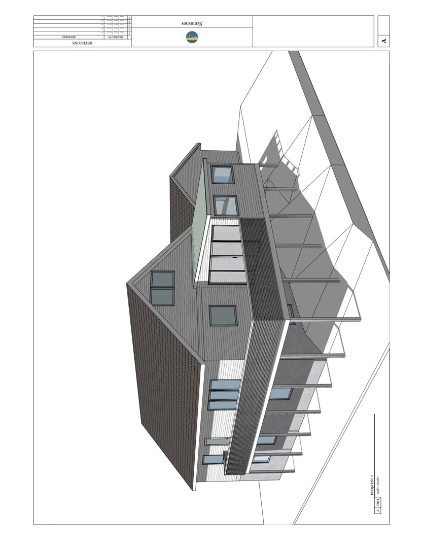 3D-visualisering (rendering) av en bygning sett fra en vinkel, som viser fasade, takform og balkonger.