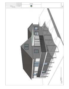 3D-visualisering (rendering) av en bygning sett fra en vinkel, som viser fasade, takform og balkonger.