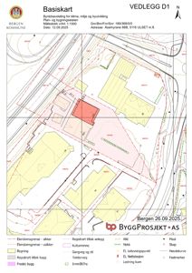 Situasjonsplan (Basiskart) som viser eiendomsgrenser, bygninger, høydekurver og infrastruktur for en tomt i Åsamyrane 88B.