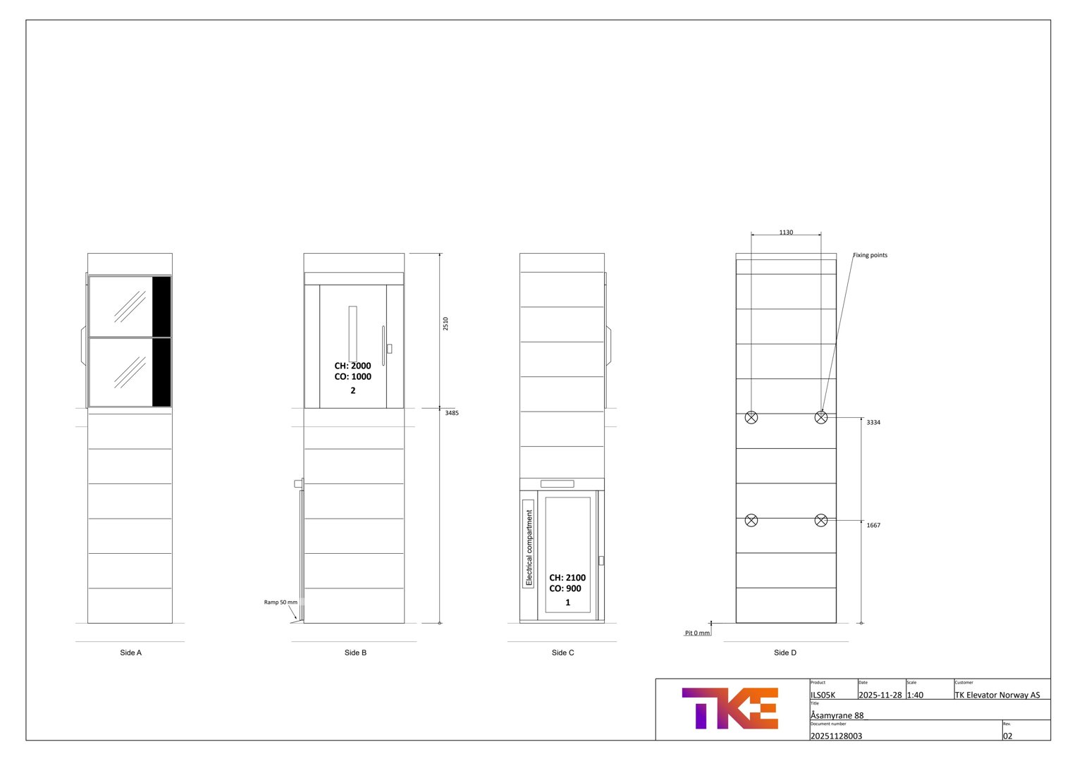 Fasadetegning som viser oppriss av en bygning sett fra fire ulike sider (Side A, B, C og D) med mål og detaljer.