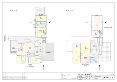 Plantegning som viser romfordeling og arealer for første etasje (PLAN 1. ETG) og andre etasje (PLAN 2. ETG) av en bolig.