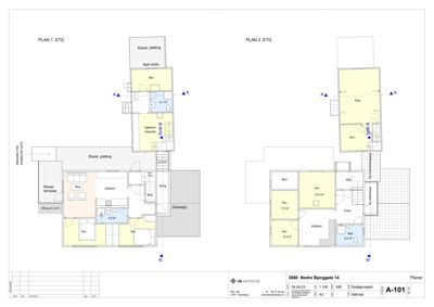 Etasjeplaner (PLAN 1. ETG og PLAN 2. ETG) som viser romfordeling, arealer og plassering av dører og vinduer.