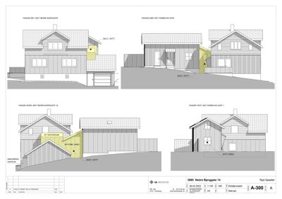 Fasadetegning som viser frontene mot Nedre Bjerggate og Wisbechsgate for en nybygget eller ombygd bolig.
