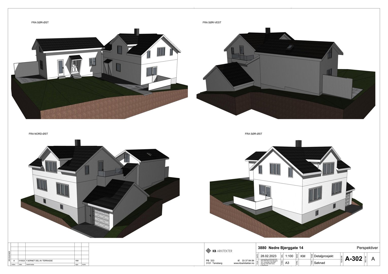 Bildet viser fire perspektivtegninger (renderinger) av en planlagt bolig fra ulike vinkler (øst, vest, nord, sør).