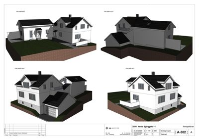 Bildet viser fire perspektivtegninger (renderinger) av en planlagt bolig fra ulike vinkler (øst, vest, nord, sør).