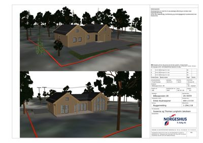 3D-visualisering av en bolig med omgivende natur og tomt.