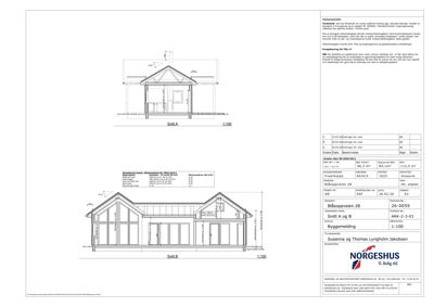 Fasadetegning (opprikk) av en bygning med snitt A og B, inkludert mål, materialer og tekniske data.