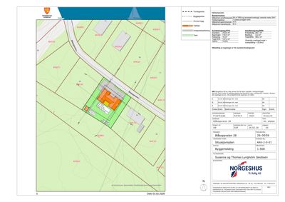 Situasjonsplan som viser tomtens beliggenhet, nabotomter, vegnett og bygningers plassering med arealopplysninger.