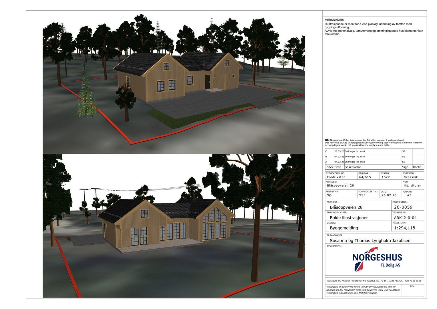 3D-visualisering av en bolig med omgivende natur og tomt.