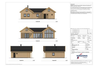 Fasadetegning som viser bygningens utseende fra fire ulike vinkler (NØ, SV, NV, SØ) med mål og teknisk informasjon.
