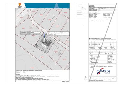 Situasjonsplan som viser tomtens beliggenhet, nabotomter, bygningers plassering og arealopplysninger.