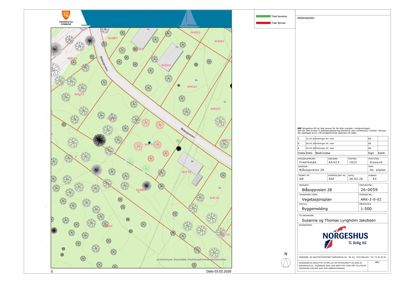 Situasjonsplan som viser tomtens beliggenhet, nabotomter, veier (Bilsoppveien), og planlagt beplantning med trær.