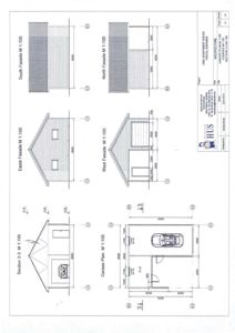Fasadetegning som viser oppriss av huset sett fra de fire sider (Nord, Sør, Øst, Vest) samt en snittegning og en garasjeplan.
