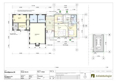 Etasjeplan (1. etasje) som viser romfordeling, mål og plassering av en bolig.
