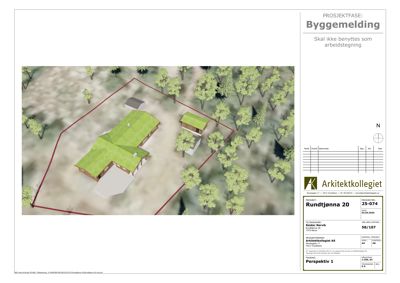 3D-visualisering (rendering) av et hus og en uthus på en tomt, sett fra en høyde som viser tak og omgivelser.