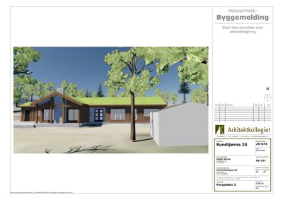 3D-visualisering (perspektiv) av et hus med omgivelser, inkludert trær og terreng.