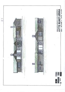 Fasadetegning som viser front- og sideopprikk av en hytte med detaljer om materialer og vinduer.