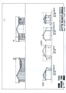 Tegning som viser tverrsnitt (snitt) av en hytte for å illustrere takform, høyder og konstruksjon.