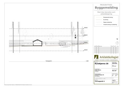 Tverrsnitttegning (terrensnitt) som viser bygningens høyde i forhold til terrenget, med angitte høyder og terrengforhold.