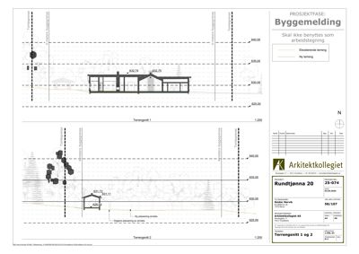 Tegning som viser terrengsnitt (Terrengsnitt 1 og 2) med høydemålinger, eksisterende og ny terreng, samt plassering av bygninger i forhold til terrenget.