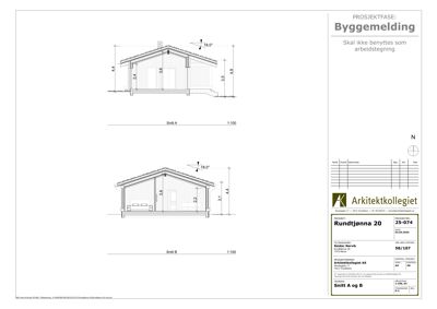 Snittegning (Snitt A og B) som viser tverrsnittet av en hytte med mål og konstruksjonsdetaljer.