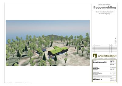 3D-perspektivtegning (rendering) av en hytte i et skogområde, vist fra øst.