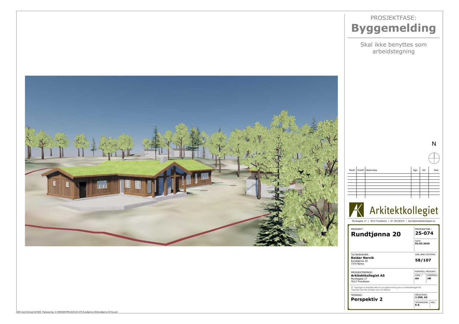 3D-visualisering (rendering) av en bygning i et landskap, inkludert omgivende trær og terreng.