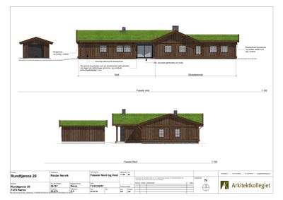 Fasadetegning som viser bygningens utseende fra nord og vest, inkludert eksisterende og nytt tilbygg.