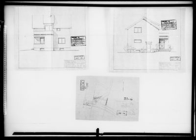 Bildet viser en tegningsside med to fasadetegninger (opp- og sideansikt) av en bygning, samt en mindre situasjonsplan eller grunnplan nederst.